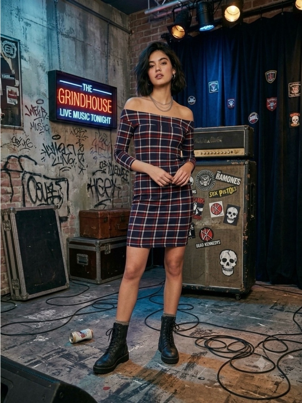 Vintage Y2K Off The Shoulder Plaid Bodycon Sexy Mini Dress Black White Blue Red